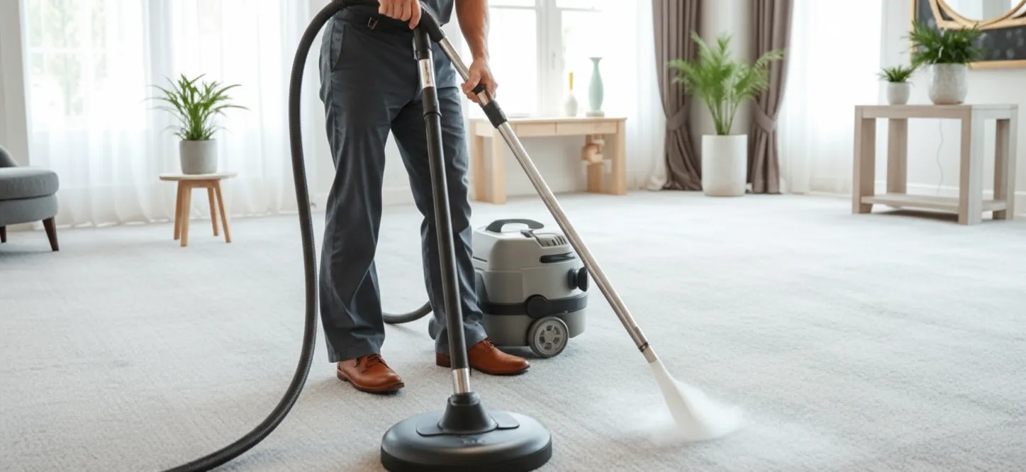 Family Team Cleaning technician deep cleaning carpet using advanced equipment in a bright living room