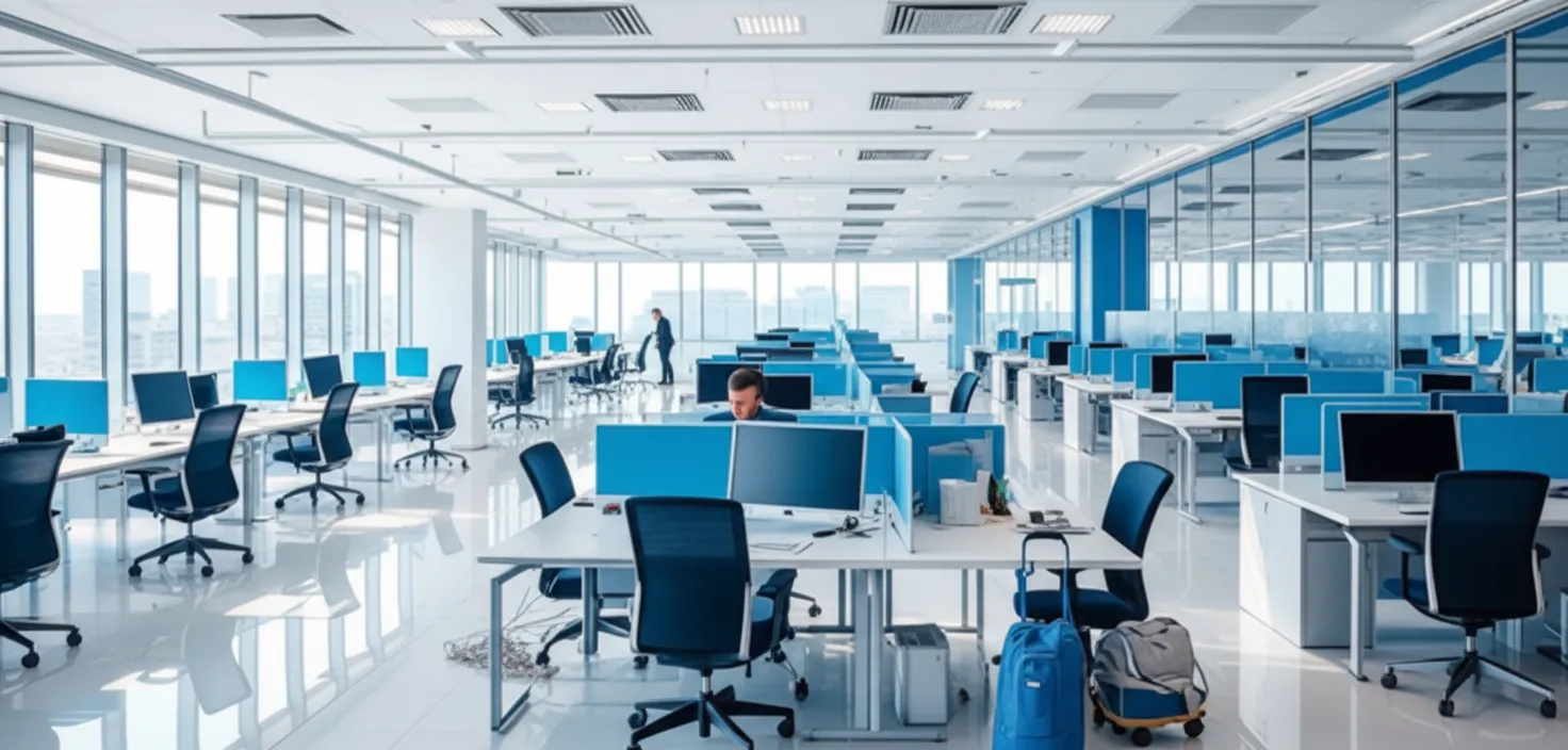 Family Team Cleaning maintaining a clean and organized open-plan corporate office environment