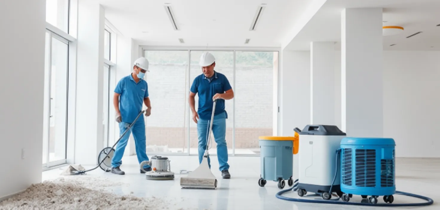 Family Team Cleaning workers performing professional post-construction cleanup in a modern building