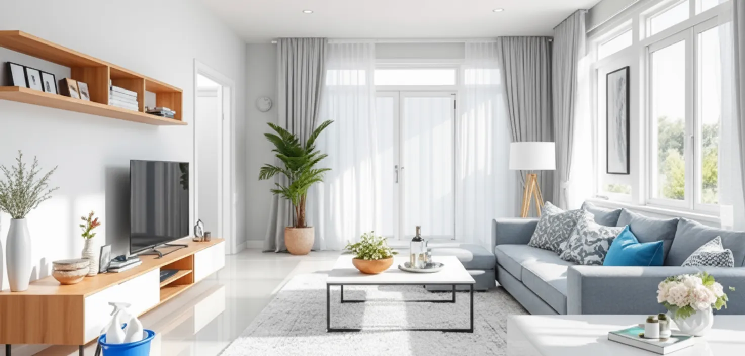 Family Team Cleaning ensuring a spotless and welcoming residential living room with attention to detail