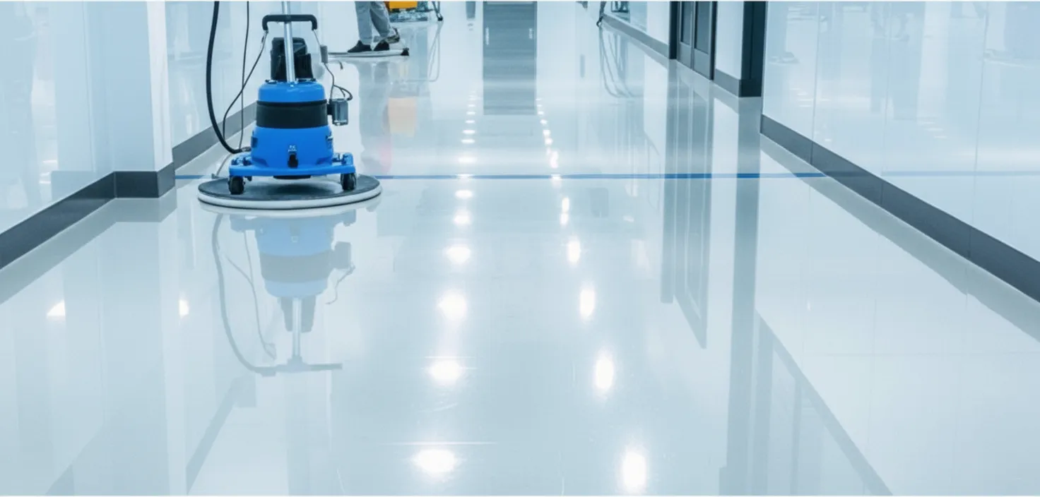 Family Team Cleaning staff using commercial floor polishing machines for high-gloss finish in an office hallway