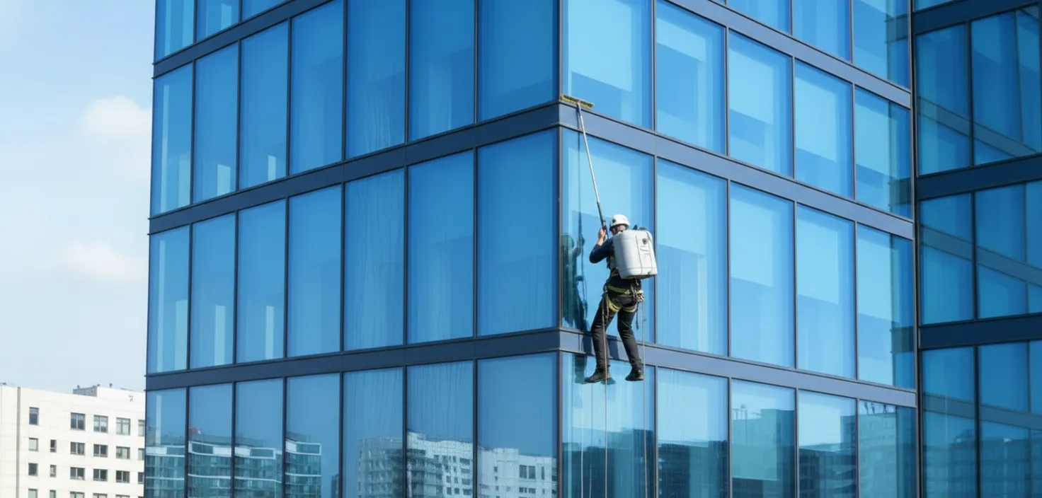 Family Team Cleaning expert providing high-rise exterior window cleaning for modern glass office buildings